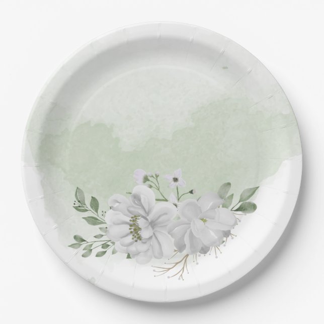 white flower green leaves sage green paper plate (Front)