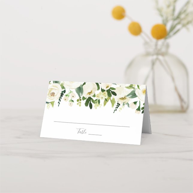 White Flower Green Wedding Folded Place Cards (Front)