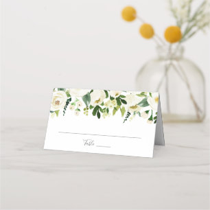 White Flower Green Wedding Folded Place Cards