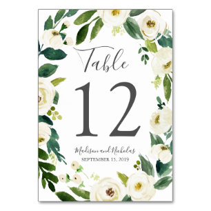 White Flower Green Wedding Table Number Cards