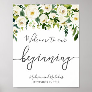 White Flower & Green Welcome to Our Beginning Sign