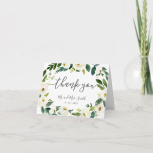 White Flower Green Wreath Folded Thank You Cards