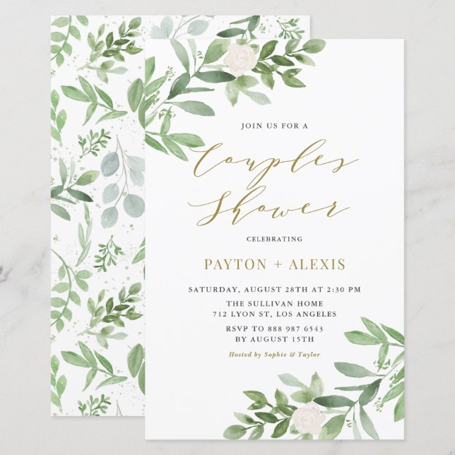 White Flower Greenery Couples Shower Invitation (Front/Back)