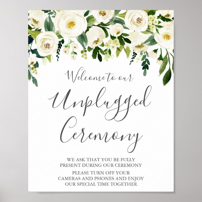 White Flower & Greenery Unplugged Ceremony Sign (Front)