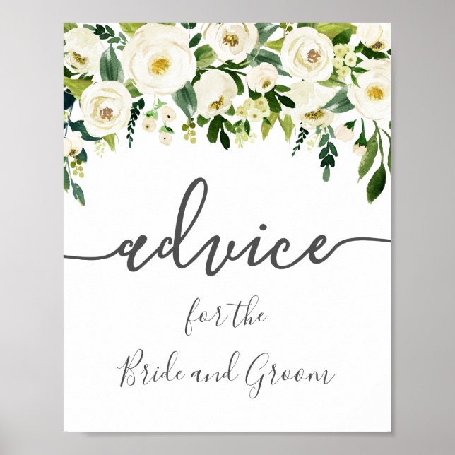 White Flower Greenery Wedding Advice Sign Poster (Front)