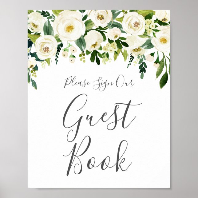 White Flower Greenery Wedding Guest Book Sign (Front)