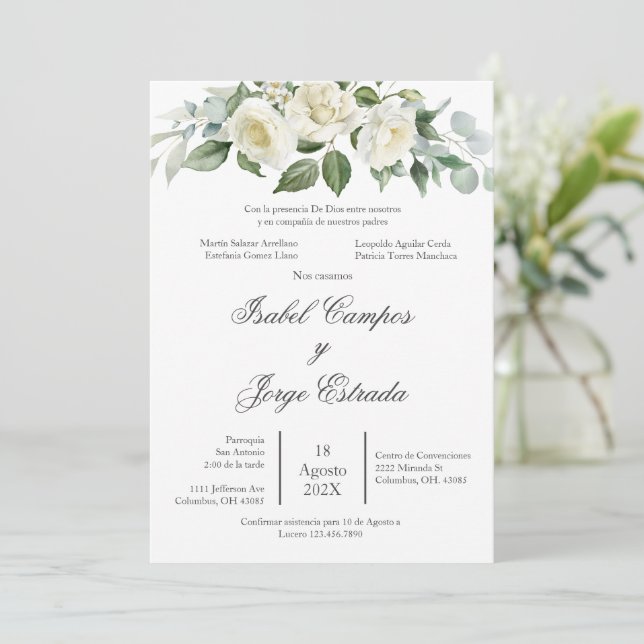 White flower Greenery Wedding Invitation (Standing Front)