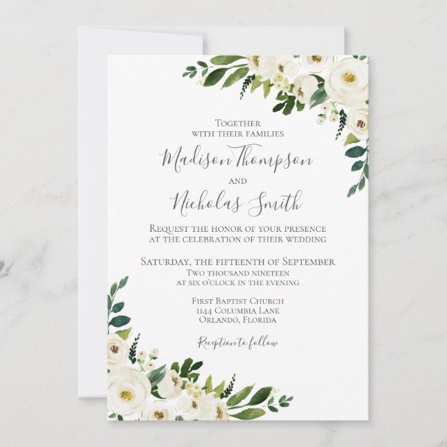 White Flower Greenery Wedding Invitation Cards (Front)