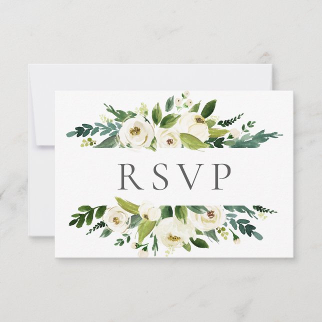 White Flower Greenery Wedding RSVP Cards (Front)