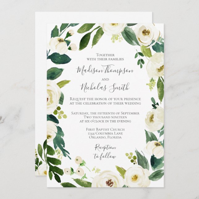 White Flower Greenery Wreath Wedding Invitation (Front/Back)