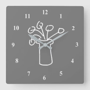 White flower modern simple outline art square wall clock