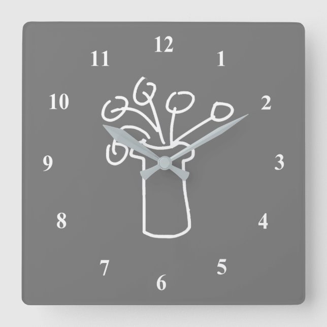 White flower modern simple outline art square wall clock (Front)
