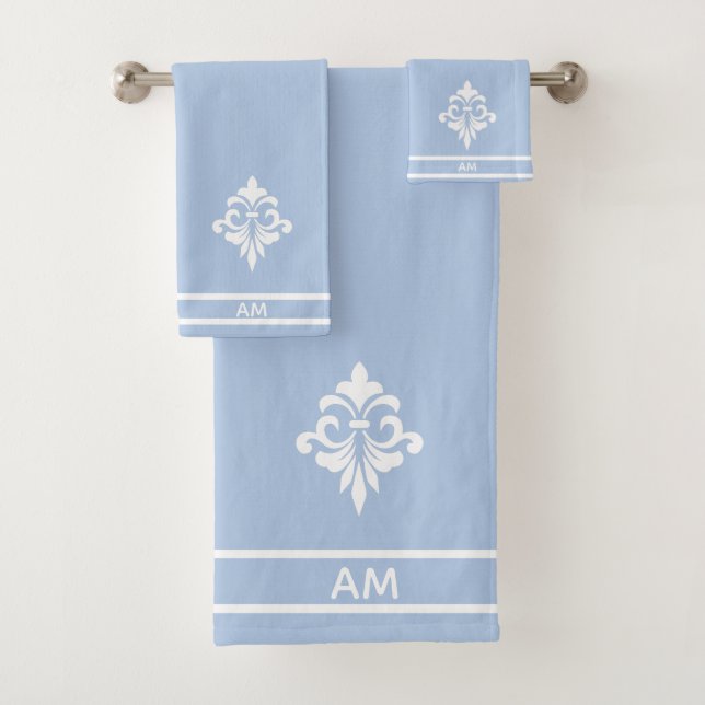 White Flower, Monogram and Stripes on Light Blue Bath Towel Set (Insitu)