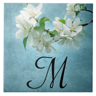 White Flower on Blue Sky Monogram Display Tile