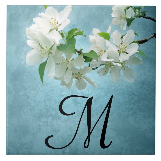 White Flower on Blue Sky Monogram Display Tile (Front)