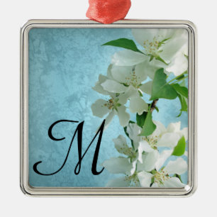 White Flower on Blue Sky Monogram Initial Ornament