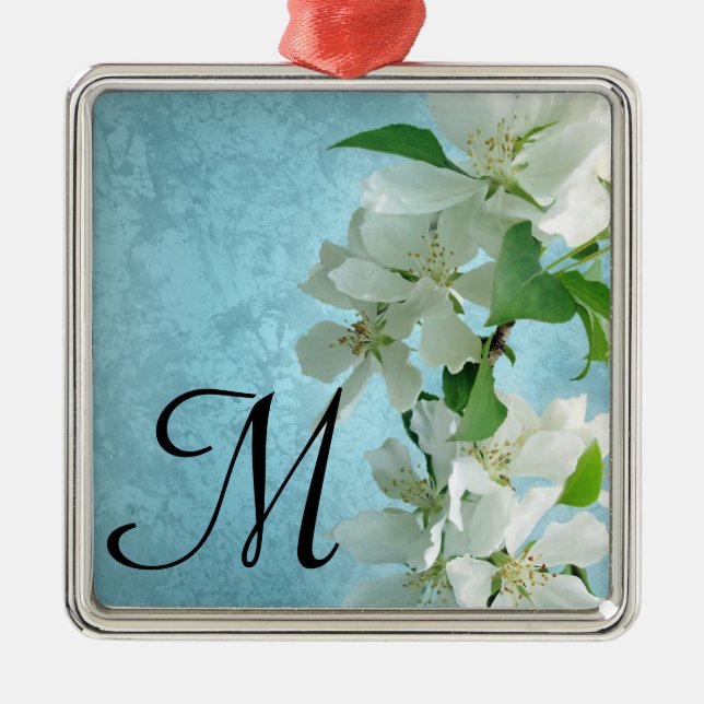 White Flower on Blue Sky Monogram Initial Ornament (Front)