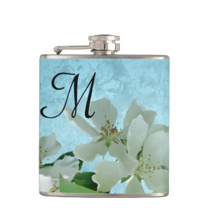 White Flower on Blue Sky Monogram Whiskey Flask