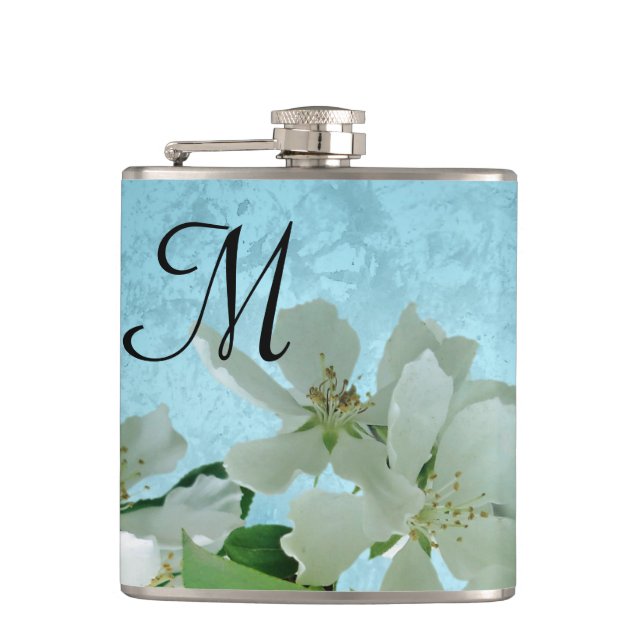 White Flower on Blue Sky Monogram Whiskey Flask (Front)