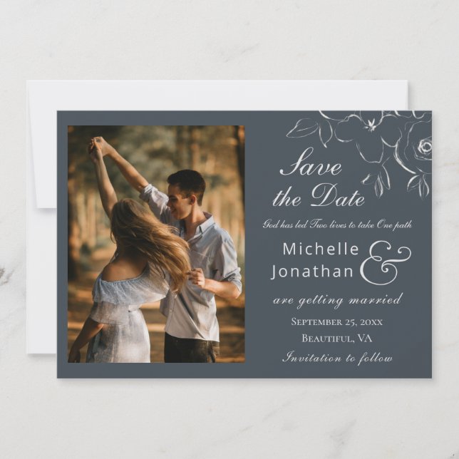 White Flower Outline on Navy Photograph Wedding Save The Date (Front)