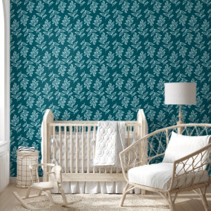 White Flower Pattern Botanical Dark Teal Floral Wallpaper