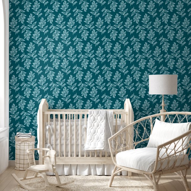 White Flower Pattern Botanical Dark Teal Floral Wallpaper (Kids)