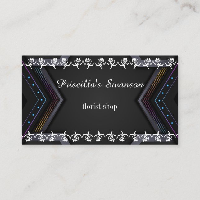 White Flower Pattern Modern Black Pattern Business Card (Front)