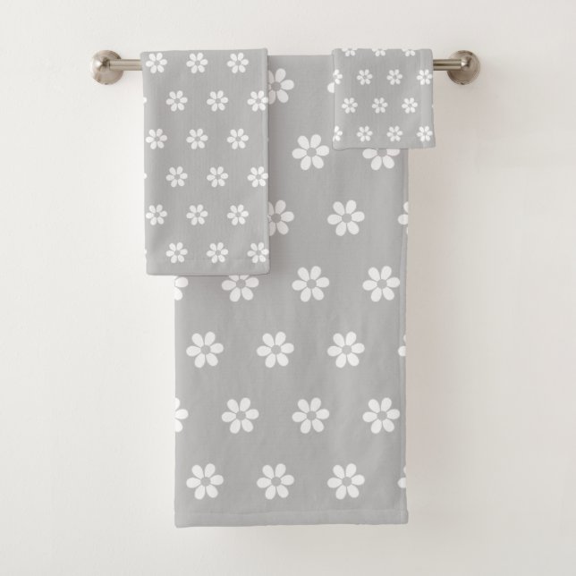 White Flower Pattern on Light Silver Grey Bath Towel Set (Insitu)