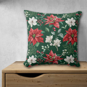 White Flower Red Poinsettia Christmas Pattern Cushion
