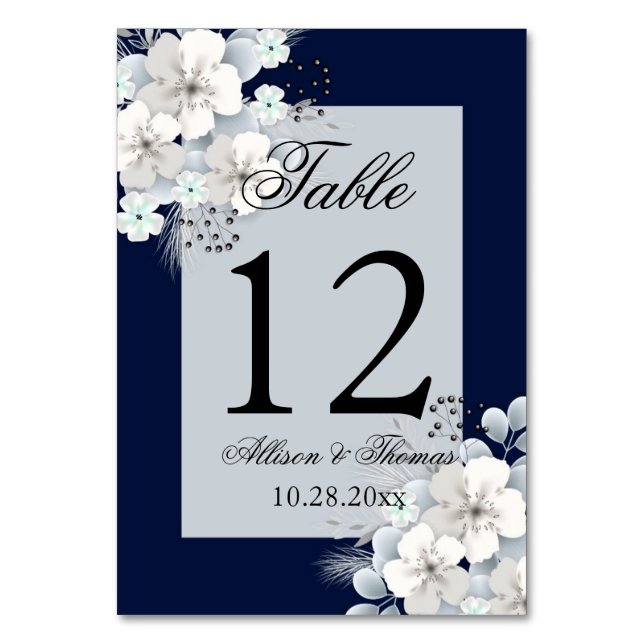 white flower sakura navy blue table number (Front)