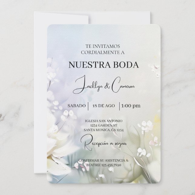White flower Spanish Wedding Invitation (Front)