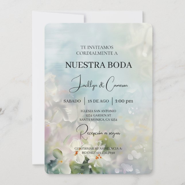 White flower Spanish Wedding Invitation (Front)