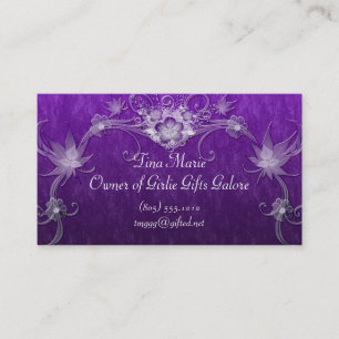 White Flower Swirls On Purple Business Card