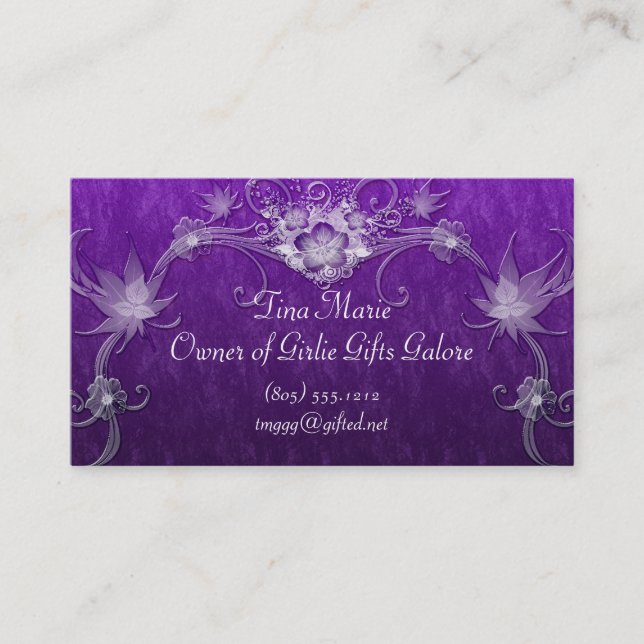 White Flower Swirls On Purple Business Card (Front)