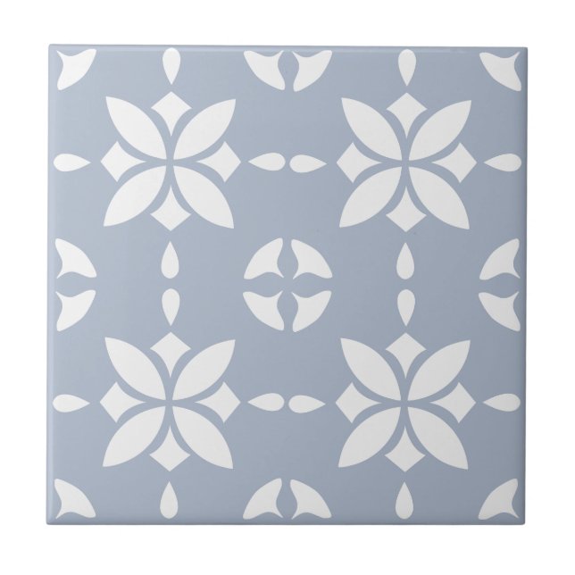 White Flower Tiled Pattern on Dusty Blue Ceramic Tile (Front)