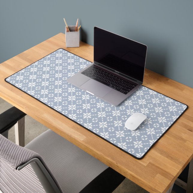 White Flower Tiled Pattern on Dusty Blue Desk Mat (Office 2)
