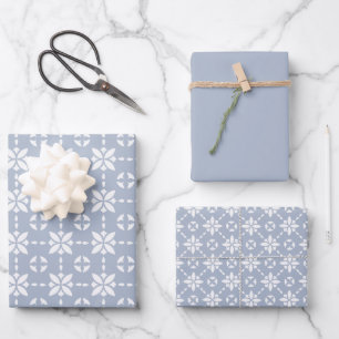 White Flower Tiled Pattern on Dusty Blue Wrapping Paper Sheet
