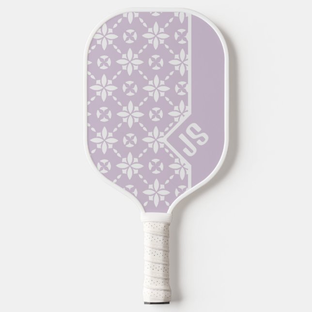 White Flower Tiled Pattern on Pink Border Monogram Pickleball Paddle (Front)