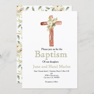 White flower twin sibling baptism invite