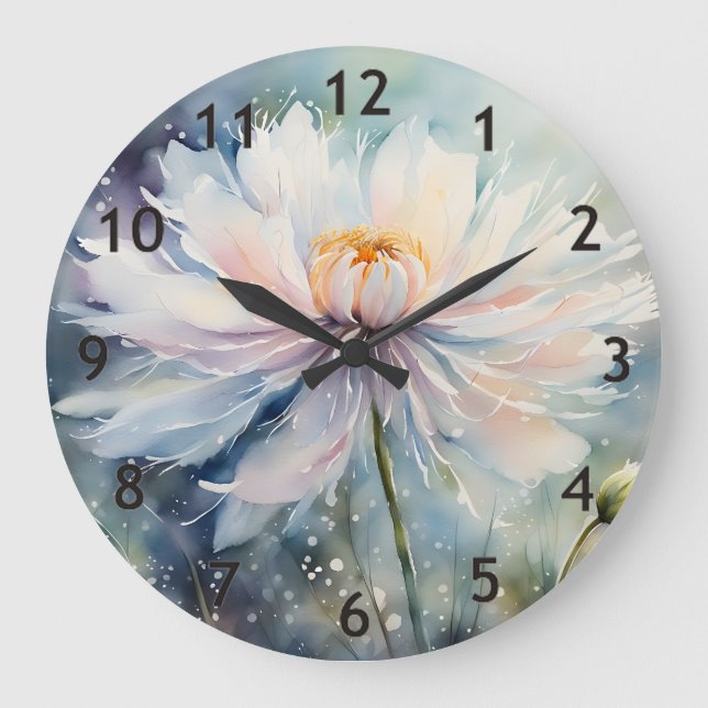 White Flower Watercolor Large Clock (Front)