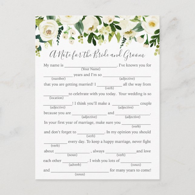 White Flower Wedding Advice Cards with Greenery (Front)