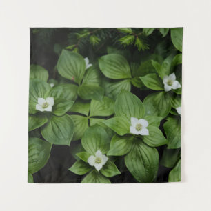 WHITE FLOWER WITH GREEN LEAVES TAPESTRY