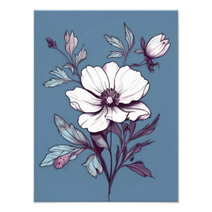 White Flower with Purple Leaves on Blue Photo Print