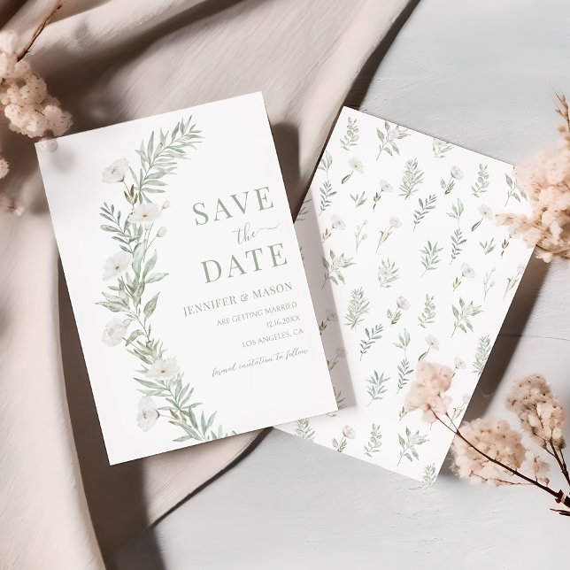 White Flower Wreath Greenery Leaves Save The Date Invitation (Creator Uploaded)