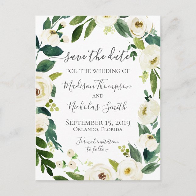 White Flower Wreath Save the Date Postcards (Front)