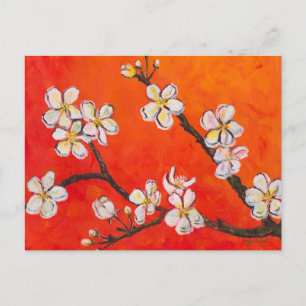 White flowering branch in spring holiday postcard
