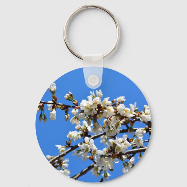 White flowering spring tree white floral blossom  key ring (Front)