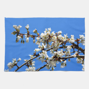 White flowering spring tree white floral blossom  tea towel
