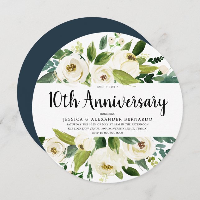 White Flowers 10th 15th 20th Wedding Anniversary Invitation (Front/Back)