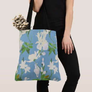 White flowers 1 light blue tote bag